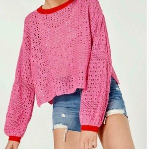 Free People Home Run Crochet Knit Pink Sweater